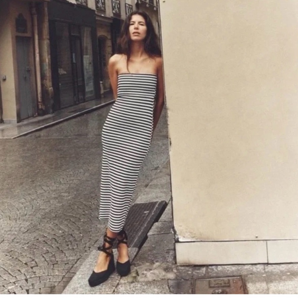 Zara Black and White Strapless Midi Dress